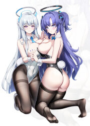 2girls absurdres ass bare_shoulders black_leotard black_pantyhose black_thighhighs blue_archive blue_bow blue_bowtie blue_eyes blue_hair blue_necktie blush bnari bow bowtie breast_press breasts closed_mouth covered_navel detached_collar fake_tail full_body halo highres holding_hands kneeling large_breasts leotard long_hair looking_at_viewer looking_back multiple_girls nail_polish necktie noa_(blue_archive) pantyhose purple_eyes purple_nails rabbit_tail simple_background smile soles symmetrical_docking tail thighband_pantyhose thighhighs thighs two_side_up white_background white_hair white_leotard yuuka_(blue_archive)