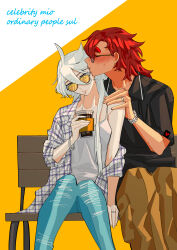Rule 34 | 2girls, absurdres, black shirt, blush, bracelet, brown pants, camisole, closed mouth, commentary request, contemporary, cup, dark-skinned female, dark skin, denim, drinking straw, drinking straw in mouth, english text, female focus, glass, gundam, gundam suisei no majo, hand on another&#039;s shoulder, heart, highres, holding, holding cup, jeans, jewelry, korean commentary, long hair, miorine rembran, multiple girls, off shoulder, on bench, open clothes, open shirt, orange-tinted eyewear, pants, red hair, ring, ripped jeans, shirt, sitting, snapagi, suletta mercury, sunglasses, sweatdrop, tinted eyewear, two-tone background, wedding ring, white background, white camisole, white hair, white shirt, wife and wife, yellow background, yuri