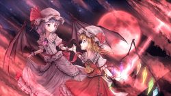 Rule 34 | 2girls, ascot, bat wings, blonde hair, bow, brooch, clothes lift, demon wings, dress, dress lift, fang, flandre scarlet, full moon, hat, hat bow, highres, jewelry, lifted by self, light purple hair, looking at another, minust, mob cap, moon, multiple girls, night, night sky, open mouth, outdoors, pointy ears, puffy short sleeves, puffy sleeves, red bow, red eyes, red moon, red ribbon, red skirt, remilia scarlet, ribbon, short hair, short sleeves, side ponytail, skirt, skirt set, sky, star (sky), starry sky, touhou, wings, wrist cuffs