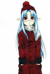 Rule 34 | 00s, 1girl, bespectacled, blue hair, bobblehat, glasses, hands in pockets, hat, kohuseigetsu, len (tsukihime), long hair, melty blood, mouth hold, pointy ears, red eyes, scarf, solo, traditional media, tsukihime, type-moon, winter clothes