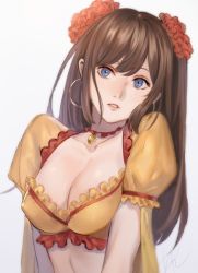 Rule 34 | 1girl, blue eyes, breasts, brown hair, choker, cleavage, collarbone, commentary request, earrings, fate/grand order, fate (series), flower, hair between eyes, hair flower, hair ornament, hoop earrings, jewelry, long hair, looking at viewer, mata hari (fate), medium breasts, parted lips, pikomaro, red choker, short sleeves, simple background, solo, stomach, upper body, white background
