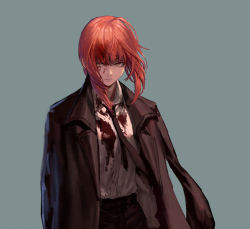 Rule 34 | 1girl, black coat, black necktie, black pants, blood, blood on clothes, blood on face, breasts, chainsaw man, closed mouth, coat, coat on shoulders, collared shirt, floating clothes, floating neckwear, frown, gab rill, grey background, long hair, long sleeves, looking at viewer, makima (chainsaw man), necktie, pants, red hair, shirt, simple background, solo, upper body, yellow eyes