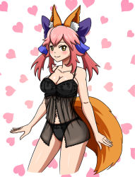 Rule 34 | 10s, 1girl, animal ears, asortofcolorfag, bare shoulders, blush, breasts, cleavage, collarbone, fate/extra, fate (series), female focus, fox ears, fox tail, groin, hair ribbon, highres, large breasts, lingerie, long hair, looking at viewer, midriff, navel, pink hair, ribbon, solo, tail, tamamo (fate), tamamo no mae (fate/extra), twintails, underwear, yellow eyes
