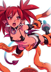 Rule 34 | 1girl, arm grab, bikini, bikini top only, blush, breasts, clothes pull, collar, covered erect nipples, demon girl, demon tail, demon wings, disgaea, earrings, elbow gloves, etna (disgaea), full body, gloves, highres, imminent rape, jewelry, leg grab, looking back, makai senki disgaea, makai senki disgaea 2, mini wings, nippon ichi, open mouth, optionaltypo, pointy ears, red eyes, red hair, restrained, short hair, shorts, skirt, skirt pull, skull earrings, slime, slit pupils, small breasts, solo focus, swimsuit, tail, tentacles, thighhighs, twintails, wings