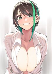 Rule 34 | 1girl, black hair, breasts, brown hair, cleavage, clenched teeth, collarbone, commentary request, gen (black factory), green eyes, green hair, hair over one eye, highres, large breasts, long sleeves, looking at viewer, multicolored hair, open clothes, open shirt, original, revision, shirt, short hair, smile, solo, streaked hair, teeth, two-tone hair, upper body, white shirt