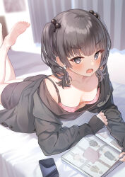 Rule 34 | 1girl, barefoot, bed, black eyes, black hair, blush, book, bra, cellphone, feet, highres, long hair, looking at viewer, lying, magazine (object), on stomach, open mouth, phone, smartphone, soles, the pose, toes, twintails, underwear
