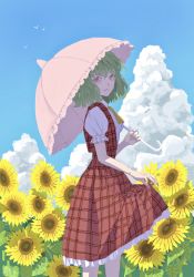 Rule 34 | 1girl, ascot, bird, blue sky, clothes lift, cloud, collared shirt, cowboy shot, day, fingernails, flower, frilled skirt, frilled sleeves, frilled umbrella, frills, from side, garden of the sun, green hair, hair between eyes, highres, holding, holding umbrella, kazami yuuka, long skirt, looking at viewer, looking to the side, nanasuou, parasol, plaid, plaid skirt, plaid vest, puffy short sleeves, puffy sleeves, red eyes, red skirt, red vest, shirt, short hair, short sleeves, skirt, skirt lift, skirt set, sky, smile, solo, standing, sunflower, touhou, umbrella, vest, wavy hair, white shirt, yellow ascot