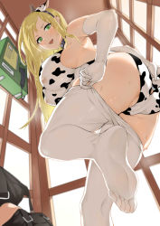 Rule 34 | 1girl, :d, absurdres, anal, anal object insertion, anal tail, animal print, armpits, ass, bad id, bad pixiv id, blonde hair, blush, breasts, cleft of venus, covered erect nipples, cow print, dawalixi, fake tail, feet, gloves, green eyes, hairband, highres, huge breasts, long hair, looking at viewer, object insertion, open mouth, original, pantyhose, phone, smile, soles, solo, sweat, tail, white gloves, white pantyhose