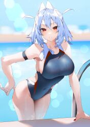 Rule 34 | 1girl, arm strap, arm support, blue hair, blush, breasts, collarbone, competition swimsuit, covered navel, cowboy shot, hair intakes, highres, ichibi, impossible clothes, impossible swimsuit, large breasts, leaning forward, lens flare, long hair, looking at viewer, nail polish, one-piece swimsuit, original, parted lips, pool, pool ladder, poolside, red eyes, red nails, sideboob, skindentation, solo, swimsuit, water, wet