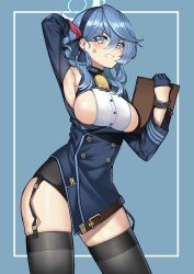 Rule 34 | 1girl, absurdres, ako (blue archive), angry, arm behind head, armpits, bell, belt, black thighhighs, blue archive, blue background, blue eyes, blue hair, breasts, broken, broken chain, buttons, center opening, chain, clipboard, commentary request, commission, cowboy shot, double-breasted, frilled hairband, frills, garter straps, gloves, hair between eyes, hair ribbon, hairband, half gloves, halo, highres, large breasts, legs apart, looking at viewer, medium hair, nanni jjang, neck bell, open mouth, ribbon, sidelocks, simple background, solo, standing, striped clothes, striped wrist cuffs, sweat, tears, teeth, thighhighs, thighs, v-shaped eyebrows, wrist cuffs