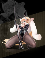 Rule 34 | 1girl, absurdres, animal ears, arm behind head, arm up, black footwear, black gloves, black leotard, black pantyhose, blonde hair, breasts, breasts apart, commentary request, covered navel, fake animal ears, fang, full body, gloves, goddess of victory: nikke, green eyes, hair ornament, high heels, highleg, highleg leotard, highres, large breasts, latex, latex gloves, latex leotard, leotard, long hair, looking at viewer, maki (user fyjx4337), official alternate costume, open mouth, pantyhose, playboy bunny, pole, rabbit ears, rupee (nikke), rupee (rabbit deluxe) (nikke), scarf, skin fang, solo, spread legs, squatting, stripper pole, thighs, tongue, very long hair, white scarf