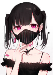 Rule 34 | 1girl, bad id, bad pixiv id, bandaid, bandaid on neck, bandaid on shoulder, bare shoulders, black hair, black shirt, blush, collarbone, commentary request, covered mouth, earrings, gradient background, grey background, hand up, heart, highres, jewelry, kanju, looking at viewer, mask, mouth mask, original, polka dot, polka dot background, purple eyes, self-harm, shirt, solo, twintails, upper body, white background, yami kawaii