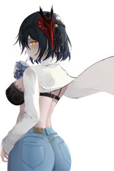Rule 34 | 1girl, absurdres, alternate costume, artist request, ass, baige0, black bra, black hair, blouse, blush, bra, breasts, cameo, coat, contemporary, cup, denim, drink, drinking, drinking straw, floating clothes, from behind, from side, genshin impact, hair between eyes, hair ornament, highres, jeans, kujou sara, lace, large breasts, looking at viewer, looking back, mask, mask on head, pants, raiden shogun, shirt, short hair, sideboob, simple background, solo, tight clothes, tight pants, underwear, white background, white shirt, yellow eyes