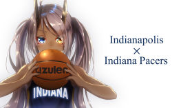 Rule 34 | 1girl, azur lane, ball, bare shoulders, basketball, basketball (object), blue eyes, character name, english text, heterochromia, holding, holding ball, indiana pacers, indianapolis (azur lane), jersey, long hair, name connection, national basketball association, orange eyes, silver hair, simple background, sleeveless, solo, sportswear, twintails, upper body, white background, yakkuro