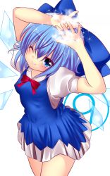 Rule 34 | circled 9, 1girl, ;), bad id, bad pixiv id, blue dress, blue eyes, blue hair, blue skirt, bow, cirno, dress, female focus, haruta (806060), ice, ice wings, matching hair/eyes, one eye closed, ribbon, short hair, skirt, smile, solo, touhou, wings, wink