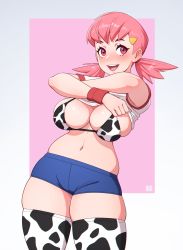 1girl, absurdres, animal print, bikini, bikini under clothes, blue shorts, blush, border, breasts, cleavage, commentary, cow print, cowboy shot, creatures (company), english commentary, game freak, gym leader, hair ornament, hairclip, highres, large breasts, lifted by self, low twintails, medium hair, navel, nintendo, nose blush, open mouth, outside border, pink eyes, pink hair, plump, pokemon, pokemon (game), pokemon hgss, print bikini, print legwear, riz, sagging breasts, shirt, shirt lift, short shorts, shorts, solo, spaghetti strap, swimsuit, t-shirt, thick thighs, thighhighs, thighs, twintails, undressing, upper teeth, white border, whitney (pokemon)