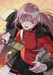 Rule 34 | 1girl, absurdres, bandage over one eye, blood, blood on face, blood on hands, coat, coat on shoulders, dated, fate/grand order, fate (series), fire, florence nightingale (fate), florence nightingale (third ascension) (fate), gloves, gun, handgun, highres, long hair, multiple-barrel firearm, nao (syn eaa), pepper-box, pepper-box revolver, pink eyes, pink hair, pleated skirt, revolver, sidearm, signature, skirt, weapon, white gloves