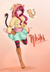 Rule 34 | 1girl, 1other, absurdres, animal ear headwear, aqua eyes, boots, brown footwear, buttons, character name, drawnielart, fake animal ears, fake tail, flying, hat bell, highres, hood, hoodie, knee boots, looking at viewer, orange cat, original, pink background, pink hair, simple background, striped clothes, striped thighhighs, tail, thighhighs, twintails