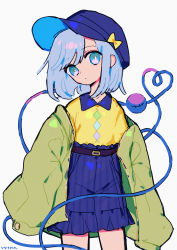 Rule 34 | 1girl, absurdres, adapted costume, alternate costume, baseball cap, belt, black belt, blouse, blue hair, blue hat, blue skirt, bow, casual, collared shirt, commentary, contemporary, green eyes, green jacket, hat, hat bow, head tilt, heart, heart of string, highres, hinasumire, jacket, komeiji koishi, long sleeves, looking at viewer, shirt, shirt tucked in, short hair, skirt, sleeves past fingers, sleeves past wrists, solo, third eye, touhou, upper body, yellow bow, yellow shirt