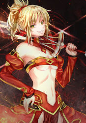 Rule 34 | 1girl, azaka (rionrita), blonde hair, bra, braid, breasts, clarent (fate), cleavage, detached sleeves, fate/apocrypha, fate (series), green eyes, grin, hair ornament, hair scrunchie, hand on own hip, high ponytail, holding, holding sword, holding weapon, long hair, long sleeves, looking at viewer, mordred (fate), mordred (fate/apocrypha), navel, red bra, red scrunchie, red sleeves, scrunchie, small breasts, smile, solo, standing, strapless, strapless bra, sword, underboob, underwear, weapon