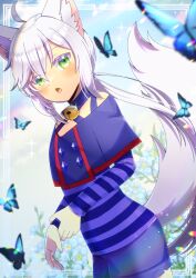 Rule 34 | 1girl, :o, ahoge, animal, animal ear fluff, animal ears, bell, blue capelet, blue shorts, blurry, blurry background, blush, bug, butterfly, capelet, colored eyelashes, commentary request, commission, depth of field, green eyes, grey hair, hair between eyes, insect, jingle bell, kou hiyoyo, looking at viewer, neck bell, open mouth, original, shirt, shorts, skeb commission, solo, striped clothes, striped shirt, tail