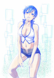 Rule 34 | 1girl, blue eyes, blue hair, bottle, breasts, cleavage, fanloid, female focus, kaiko, looking up, short hair, shorts, unbuttoned, vocaloid