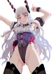 Rule 34 | 1girl, absurdres, armpits, arms up, backlighting, black thighhighs, blush, bow, breasts, caren hortensia, caren hortensia (amor caren), caren hortensia (amor caren) (third ascension), corset, es es vril es, fate/grand order, fate (series), frills, gluteal fold, hair ornament, highleg, highleg leotard, highres, leotard, long hair, looking at viewer, medium breasts, nail polish, pink bow, pink eyes, puffy short sleeves, puffy sleeves, short sleeves, simple background, solo, thighhighs, thighs, very long hair, wavy hair, white hair, wrist cuffs