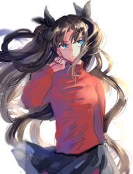 Rule 34 | 1girl, bad id, bad pixiv id, blue eyes, brown hair, fate/stay night, fate (series), hair ribbon, isamu (gaioo0303), long hair, ribbon, sketch, solo, tohsaka rin, twintails, two side up, white background, wind, wind lift