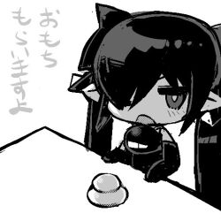 Rule 34 | 1girl, arms on table, backbeako (torotei), backbeard, chibi, commentary request, dress, elbow gloves, gegege no kitarou, gloves, hair over one eye, hair ribbon, jitome, long hair, looking at viewer, monochrome, object request, one eye closed, open mouth, original, pointy ears, ribbon, simple background, sleeveless, sleeveless dress, solo, table, torotei, translation request, twintails, upper body