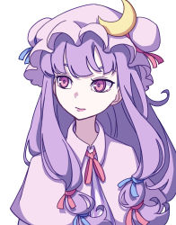 Rule 34 | 1girl, absurdres, blue ribbon, closed mouth, crescent, crescent hat ornament, crescent pin, eyebrows hidden by hair, hair ribbon, hat, hat ornament, highres, kame (kamepan44231), long hair, looking to the side, mob cap, one-hour drawing challenge, patchouli knowledge, pink eyes, pink hat, purple hair, red ribbon, ribbon, sidelocks, simple background, solo, touhou, upper body, white background