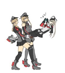 Rule 34 | 10s, 3girls, anchor, anchor hair ornament, bare shoulders, bismarck (kancolle), black gloves, black legwear, black skirt, blonde hair, blue eyes, boots, breasts, brown gloves, camera, capelet, carrying, cross, detached sleeves, closed eyes, gloves, graf zeppelin (kancolle), grey legwear, hair between eyes, hair ornament, hat, highres, impossible clothes, iron cross, jacket, kantai collection, kriegsmarine, long hair, low twintails, medium breasts, microskirt, military, military hat, military uniform, miniskirt, multiple girls, necktie, pantyhose, peaked cap, photo-referenced, pleated skirt, prinz eugen (kancolle), saki tsurugi, sidelocks, simple background, skirt, smile, thighhighs, twintails, uniform, white background, white gloves, white headwear
