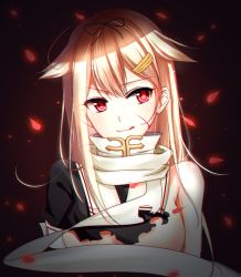 Rule 34 | 10s, 1girl, bad id, bad pixiv id, blonde hair, blood, breasts, hair flaps, hair ornament, hairclip, kantai collection, licking lips, long hair, meaomao, red eyes, scarf, solo, tongue, tongue out, torn clothes, yuudachi (kancolle), yuudachi kai ni (kancolle)