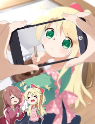 Rule 34 | &gt; &lt;, +++, 2girls, :&lt;, :d, > <, ahoge, apron, blonde hair, blurry, blurry background, blush stickers, bowl, brown hair, cellphone, chibi, chibi inset, chocolate, chocolate making, chocolate on face, closed eyes, commentary, food, food on face, green eyes, hair over one eye, highres, himesaka noa, hoshino miyako (wataten), indoors, jacket, long hair, makuran, multiple girls, one eye covered, open mouth, outline, phone, pink apron, pov, pov hands, recording, short hair, smartphone, smile, solo focus, thick eyebrows, track jacket, valentine, watashi ni tenshi ga maiorita!, white outline, wiping face, xd