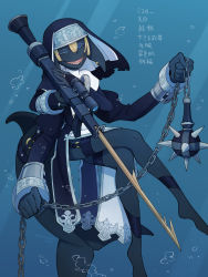 Rule 34 | 1girl, ball and chain (weapon), bangle, blonde hair, blue background, blue skin, bracelet, bracer, bubble, cetacean tail, chain, closed eyes, colored skin, crossed legs, dorsal fin, ear piercing, extra arms, fingernails, fins, fish tail, full body, habit, hair between eyes, harpoon, harpoon gun, head fins, highres, holding, holding weapon, jewelry, juliet sleeves, long sleeves, lower teeth only, monster girl, nun, original, piercing, puffy sleeves, scope, sharp fingernails, sharp teeth, solo, speargun, spiked ball and chain, tail, teeth, thigh strap, twitter username, underwater, weapon, yamanobe saya
