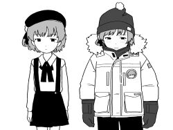 Rule 34 | 1girl, arms at sides, beanie, beret, blush, closed mouth, coat, collared shirt, cowboy shot, doppelschwert, embarrassed, expressionless, flower, fur-trimmed coat, fur trim, furrowed brow, gloves, greyscale, hair flower, hair ornament, hair ribbon, hat, hatoba tsugu, highres, light frown, long sleeves, looking at viewer, mole, mole under eye, monochrome, multiple views, narrowed eyes, neck ribbon, parka, pom pom (clothes), pom pom beanie, ribbon, shirt, shirt tucked in, short hair, side-by-side, simple background, single hair ring, skirt, suspender skirt, suspenders, tsugu (vtuber), v-shaped eyebrows, virtual youtuber, winter clothes