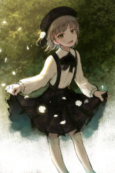 Rule 34 | 1girl, beret, black hat, brown eyes, brown hair, collared shirt, commentary request, falling petals, fang, feet out of frame, floating hair, flower, foliage, hat, hat flower, hat ribbon, hatoba tsugu, long sleeves, looking at viewer, neck ribbon, open mouth, pabo, pantyhose, petals, pleated skirt, ribbon, rose, shirt, shirt tucked in, short hair, single hair ring, skirt, skirt basket, skirt hold, smile, solo, standing, suspender skirt, suspenders, tsugu (vtuber), virtual youtuber, white flower, white pantyhose, white rose, white shirt