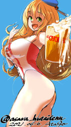 Rule 34 | 1girl, alcohol, asava (hutaitenn), atago (kancolle), beer, beer mug, beret, blonde hair, blue background, blue hat, breasts, character name, cowboy shot, cup, dated, green eyes, hat, highres, kantai collection, large breasts, long hair, looking at viewer, mug, one-hour drawing challenge, one-piece swimsuit, solo, strapless, strapless one-piece swimsuit, swimsuit, twitter username, white one-piece swimsuit