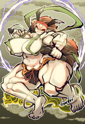 Rule 34 | 1girl, artist name, barefoot, black nails, breasts, brown hair, brown sky, cloud, curvy, eyelashes, female focus, fingernails, full body, grin, highres, large breasts, long hair, looking at viewer, monster girl, muscular, muscular female, navel, oboro muramasa, orange eyes, pointy ears, raijin (oboro muramasa), red eyes, sky, smile, solo, thick thighs, thighs, toudori, wide hips