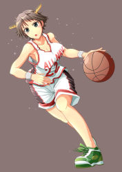 Rule 34 | 10s, 1girl, ball, basketball, basketball (object), basketball uniform, breasts, brown hair, d-n, grey eyes, gym uniform, hairband, headgear, hiei (kancolle), highres, kantai collection, large breasts, no socks, open mouth, personification, sarashi, shoes, short hair, sneakers, solo, sportswear
