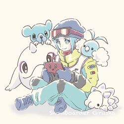 Rule 34 | 1boy, aqua eyes, aqua hair, beanie, cetoddle, closed mouth, commentary request, conachun, creatures (company), cubchoo, eyelashes, game freak, gen 3 pokemon, gen 4 pokemon, gen 5 pokemon, gen 8 pokemon, grusha (pokemon), hat, holding, holding phone, jacket, long sleeves, looking down, male focus, mittens, nintendo, pants, phone, pokemon, pokemon (anime), pokemon (creature), pokemon horizons, rotom, rotom phone, shoes, sitting, smile, snom, swablu, yellow jacket