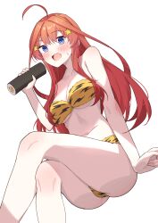 Rule 34 | 1girl, ahoge, animal print, arm at side, bare shoulders, blue eyes, blush, breasts, cleavage, collarbone, commentary request, crossed legs, curvy, ehoumaki, feet out of frame, food, from below, frown, go-toubun no hanayome, hair between eyes, hair ornament, hand up, highres, holding, holding food, large breasts, long hair, looking at viewer, looking down, makizushi, nakano itsuki, open mouth, panties, profnote, red hair, setsubun, sidelocks, simple background, solo, star (symbol), star hair ornament, sushi, sweatdrop, thighs, tiger print, underboob, underwear, white background, yellow panties