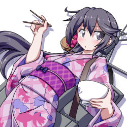 Rule 34 | 1girl, 547th sy, akebono (kancolle), bell, blush, bowl, chopsticks, dated, flower, hair bell, hair flower, hair ornament, highres, holding, holding chopsticks, japanese clothes, kantai collection, kimono, long hair, obi, purple eyes, purple hair, rigging, sash, signature, simple background, solo, very long hair, white background, wide sleeves, yukata