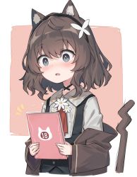 Rule 34 | 1girl, animal ears, black vest, blush, book, brown hair, brown jacket, cat ears, cat girl, cat tail, grey hair, highres, jacket, long sleeves, off shoulder, open clothes, open jacket, original, pornography, satou (3366 s), shirt, short hair, tail, vest, white shirt