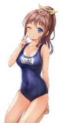 Rule 34 | 1girl, bad id, bad pixiv id, bang dream!, barefoot, blue eyes, blue one-piece swimsuit, borrowed clothes, breasts, brown hair, cleavage, covered navel, finger to cheek, grin, hair ribbon, highres, long hair, looking at viewer, lunacle, medium breasts, name tag, one-piece swimsuit, one eye closed, ponytail, ribbon, school swimsuit, seiza, sidelocks, simple background, sitting, smile, solo, swimsuit, white background, yamabuki saya, yellow ribbon
