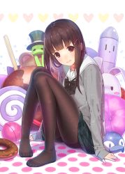 Rule 34 | 1girl, ama mitsuki, black bow, black bowtie, black pantyhose, blunt bangs, bow, bowtie, brown eyes, brown hair, candy, doughnut, feet, food, from side, full body, hair ornament, hairclip, hat, heart, highres, legs, lollipop, long hair, looking at viewer, no shoes, open mouth, original, oversized object, pantyhose, plaid, plaid skirt, polka dot, school uniform, serafuku, sitting, skirt, sleeves past wrists, smile, solo, stuffed toy, swirl lollipop, toes, top hat, triangle mouth, | |