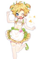 Rule 34 | 1boy, apron, blush, crossdressing, earrings, elbow gloves, ensemble stars!, gloves, green hair, hair ribbon, harukawa sora, highres, jewelry, kinoshita sasami, leg up, looking at viewer, male focus, mary janes, midriff, multicolored hair, navel, one eye closed, open mouth, ribbon, shoes, short hair, short twintails, simple background, skirt, smile, solo, streaked hair, thighhighs, trap, twintails, waist apron, white background, white gloves, white thighhighs