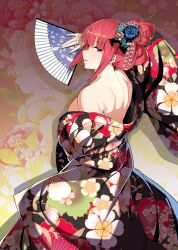 Rule 34 | 1girl, black kimono, blue eyes, blunt bangs, breasts, butterfly hair ornament, commentary request, floral background, floral print kimono, folding fan, go-toubun no hanayome, hair ornament, hair up, hand fan, highres, holding, holding fan, japanese clothes, kimono, kosmos beta, large breasts, looking at viewer, nakano nino, off shoulder, paid reward available, pink hair, ribbon, short hair, sideboob, solo