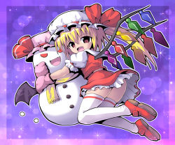 Rule 34 | 1girl, bat wings, blonde hair, cosplay, fang, female focus, flandre scarlet, full body, hat, kurogarasu, red eyes, remilia scarlet, remilia scarlet (cosplay), shoes, short hair, side ponytail, snowman, solo, thighhighs, touhou, wings