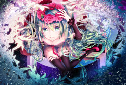 Rule 34 | 1girl, black thighhighs, detached sleeves, flower, from above, gradient background, green eyes, green hair, hatsune miku, head wreath, long hair, looking at viewer, matching hair/eyes, nekomaaro, rose, sitting, smile, solo, thighhighs, very long hair, vocaloid