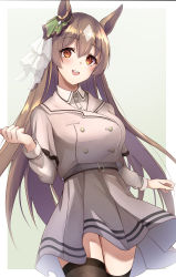 Rule 34 | 1girl, ;d, absurdres, alternate costume, animal ears, bad id, bad pixiv id, belt, black thighhighs, blush, border, breasts, brown hair, buttons, commentary, cowboy shot, double-breasted, dress, ear ornament, grey dress, grey hair, highres, horse ears, kurohikage, large breasts, long hair, long sleeves, looking back, multicolored hair, one eye closed, open mouth, orange eyes, outside border, satono diamond (umamusume), simple background, smile, solo, thighhighs, two-tone hair, umamusume, very long hair, white border, yellow background, zettai ryouiki